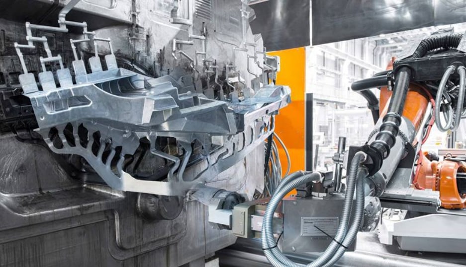 High pressure die casting mold in action, producing metal parts with efficiency
